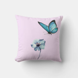 Soft Pink Pillow with Blue Flower and Butterfly Kussen