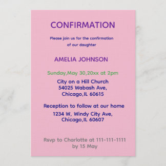 Soft Pink & Purple Confirmation Invitation Kaart