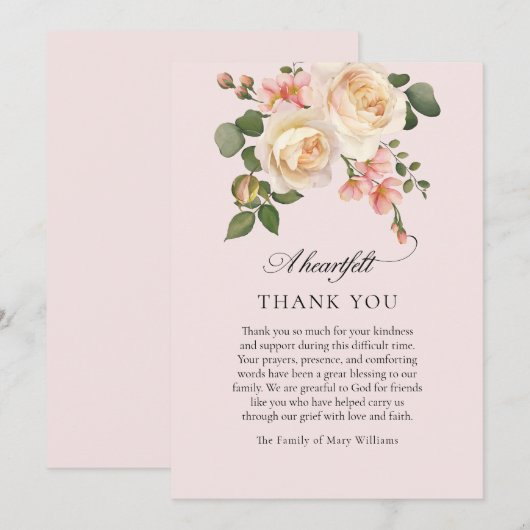 Soft Pink Rose Floral Christian Funeral Thank You Bedankkaart (Voorkant / Achterkant)