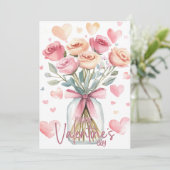 Soft pink rose jar with bow Happy Valentines Day Feestdagenkaart (Staand voorkant)