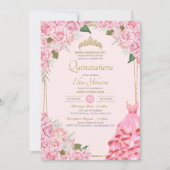 Soft Pink Roses Blush en Gold Floral Quinceañera Kaart (Voorkant)