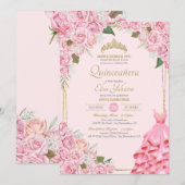 Soft Pink Roses Blush en Gold Floral Quinceañera Kaart (Voorkant / Achterkant)