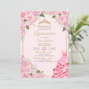 Soft Pink Roses Blush en Gold Floral Quinceañera Kaart