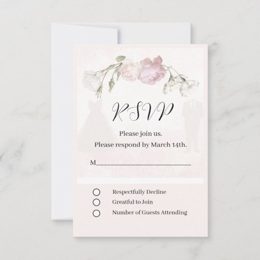 Soft Pink Roses & Bride and Groom Collection RSVP Kaartje (Voorkant)