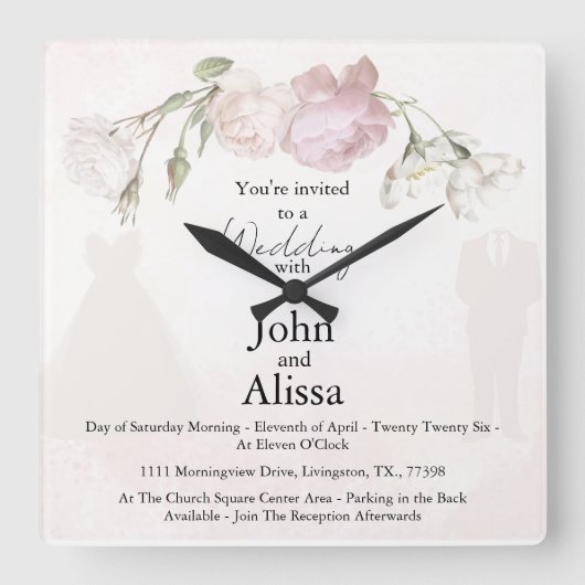Soft Pink Roses & Bride and Groom Collection Vierkante Klok (Voorkant)