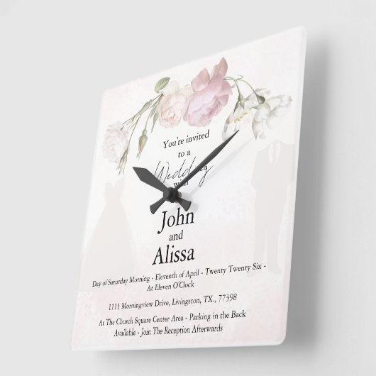 Soft Pink Roses & Bride and Groom Collection Vierkante Klok (Hoek)