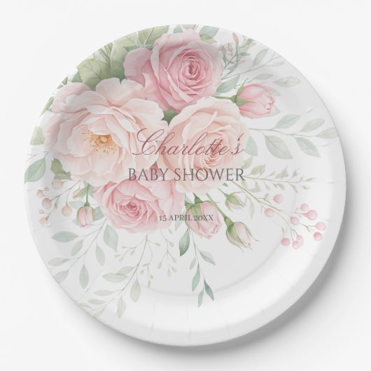 soft pink roses floral paper plates papieren bordje (Voorkant)