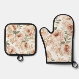 Soft Pink Roses Watercolor Floral Print Botanical Ovenwant & Pannenlap Set