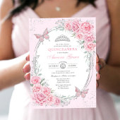 Soft Pink Silver Quinceañera Rose Flower Butterfly Kaart