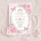 Soft Pink Silver Quinceañera Rose Flower Butterfly Kaart