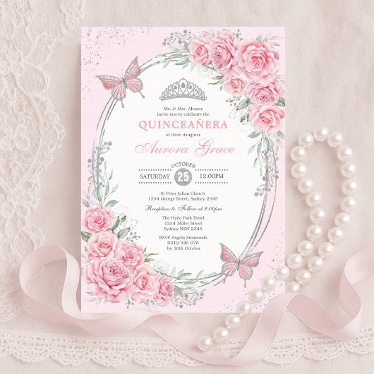 Soft Pink Silver Quinceañera Rose Flower Butterfly Kaart