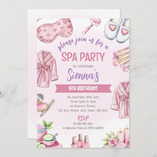 Soft Pink Spa Party Invitation - Relax & Pamper Kaart (Voorkant / Achterkant)
