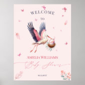 Soft Pink Stork Butterflies Welkom Baby shower Poster (Voorkant)