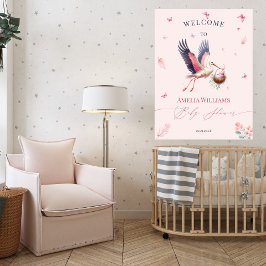 Soft Pink Stork Butterflies Welkom Baby shower Poster