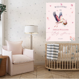 Soft Pink Stork Butterflies Welkom Baby shower Poster