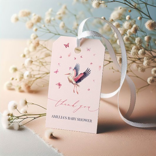 Soft Pink Stork Girl Baby shower Cadeaulabel