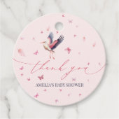 Soft Pink Stork Whimsical Butterflies Baby shower Bedankjes Labels (Voorkant)