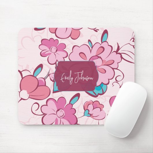 Soft Pink Teal Floral Monogram Design Custom Name Muismat (Met muis)