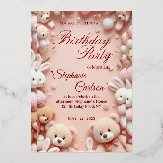 Soft Pink Teddy Bear Birthday Invitation Folie Uitnodiging (Voorkant)