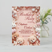 Soft Pink Teddy Bear Birthday Invitation Folie Uitnodiging (Staand Voorkant)