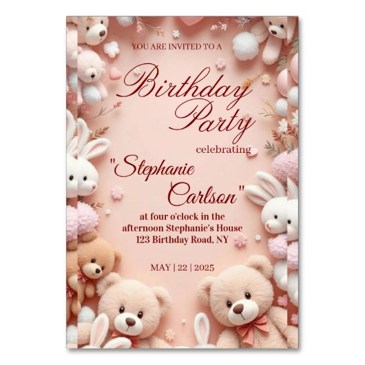 Soft Pink Teddy Bear Birthday Invitation Kaart (Voorkant)