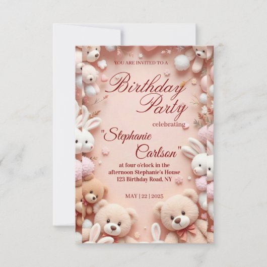 Soft Pink Teddy Bear Birthday Invitation RSVP Kaartje (Voorkant)