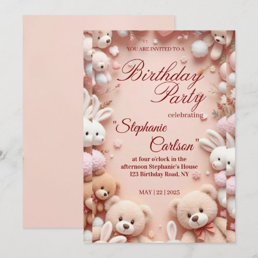 Soft Pink Teddy Bear Birthday Invitation Save The Date (Voorkant / Achterkant)