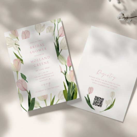 Soft Pink Tulip QR Code Bridal Shower Kaart