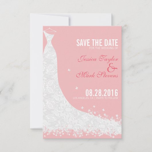 Soft Pink & White Lace Wedding Dress Save the Date (Voorkant)