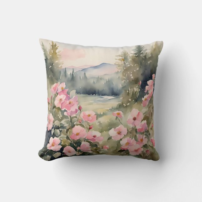 Soft Pink Wildflowers Rozen Natuur Landschap Kussen (Voorkant)