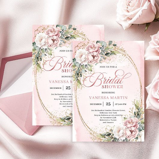 Soft Powder Pink Floral Bridal Shower Invitation Kaart