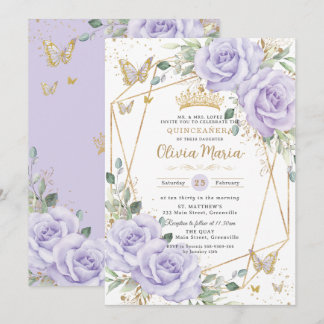 Soft Purple Lilac Floral Butterflies Quinceanera Kaart