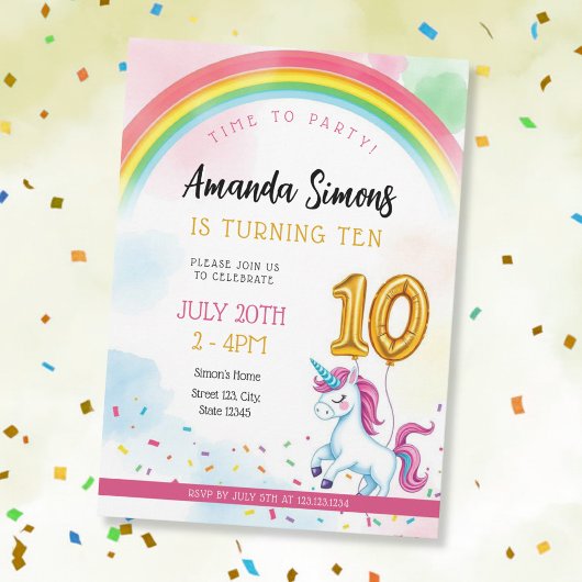 Soft Rainbow Arch Confetti Girl 10th Birthday Kaart