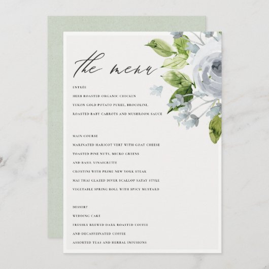 SOFT ROMANTIC AQUA BLUE WATERVERF FLORAL MENU (Voorkant / Achterkant)