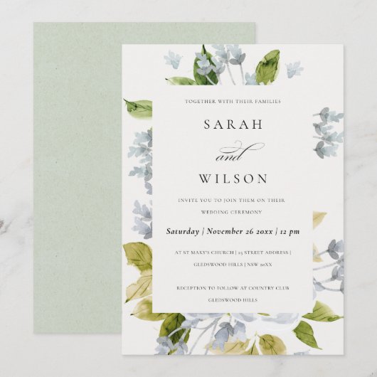 SOFT ROMANTIC BABY BLUE WATERVERF FLORAL WEDING KAART (Voorkant / Achterkant)