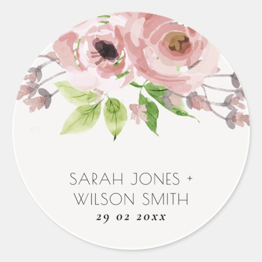 SOFT ROMANTIC BLUSH PINK WATERVERF FLORAL RONDE STICKER (Voorkant)