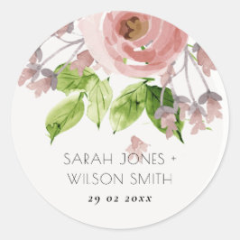 SOFT ROMANTIC BLUSH PINK WATERVERF FLORAL RONDE STICKER