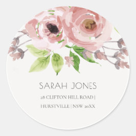 SOFT ROMANTIC BLUSH PINK WATERVERF FLORAL RONDE STICKER