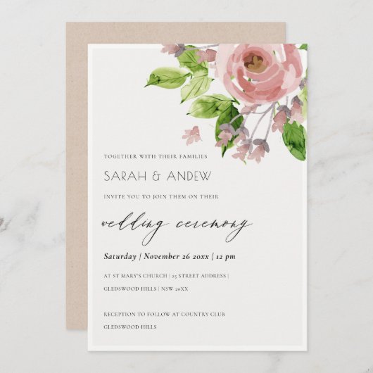 SOFT ROMANTIC BLUSH PINK WATERVERF FLORAL WEDING KAART (Voorkant / Achterkant)