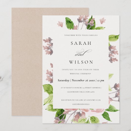 SOFT ROMANTIC BLUSH PINK WATERVERF FLORAL WEDING KAART (Voorkant / Achterkant)