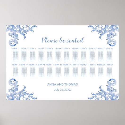 Soft Royal Blue Waterverf Flourish Seating Chart Poster (Voorkant)