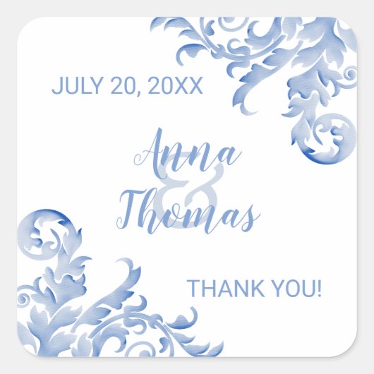 Soft Royal Blue Waterverf Flourish Wedding Favor Vierkante Sticker (Voorkant)