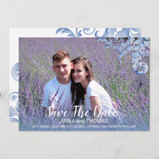 Soft Royal Blue Waterverf Vloeit de datum op Save The Date (Voorkant / Achterkant)