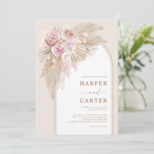Soft roze beige Boho pampas grass Wedding Kaart (Staand voorkant)
