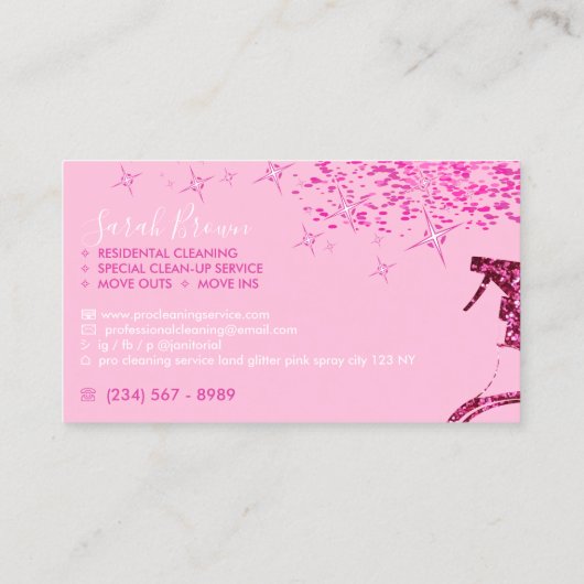 Soft roze Pro Maid Cleaning House Sparking Spray Visitekaartje (Achterkant)