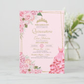 Soft roze rozen Blush en Gold Floral Quinceanera Kaart (Staand voorkant)
