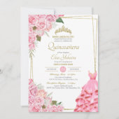 Soft roze rozen Blush en Gold Floral Quinceanera Kaart (Voorkant)