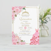 Soft roze rozen Blush en Gold Floral Quinceanera Kaart (Staand voorkant)