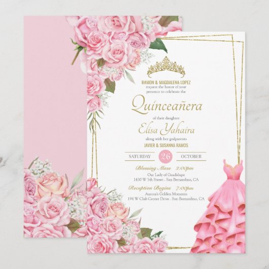 Soft roze rozen Blush en Gold Floral Quinceanera Kaart (Voorkant / Achterkant)