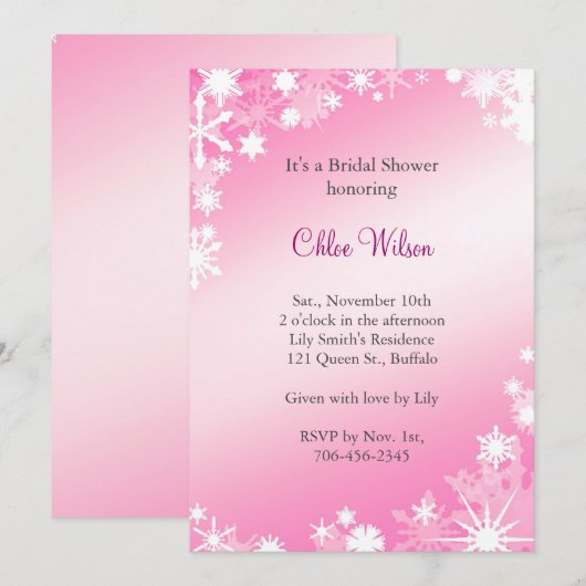 Soft roze Snowflakes Bridal Shower Invitation Kaart (Voorkant / Achterkant)